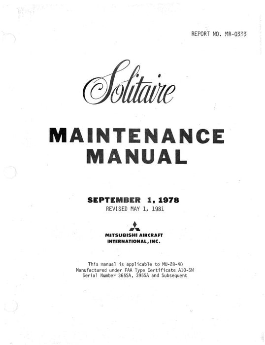 Mitsubishi Heavy Industries Solitaire Series 1978 Maintenance Manual