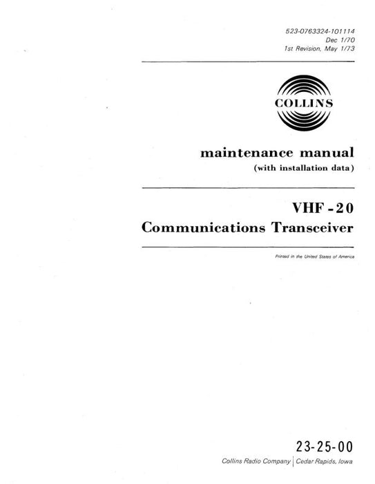 Collins VHF-20 Comm Transceiver 1970 Maintenance Manual with Installation Data (523-0763324-001)