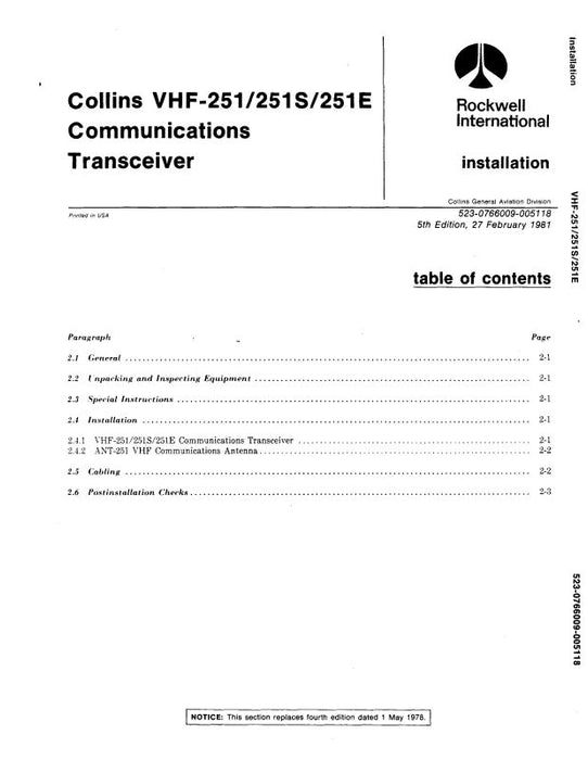 Collins VHF-251-251S-251E & PWC-150 Installation (523-0766029-005)