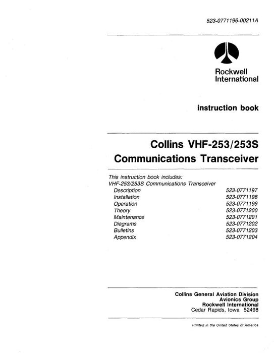 Collins VHF-253-253S Comm. Transceiver Instruction Book (523-0771196-001)