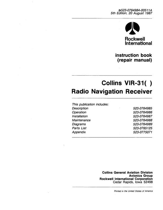 Collins VIR-31( ) Navigation Receiver Instruction Book (523-0764984-005)