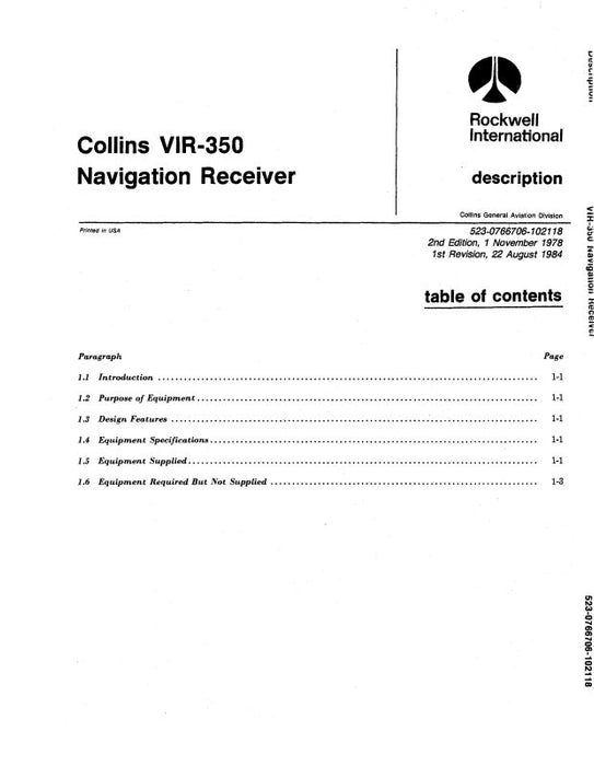 Collins VIR-350 Navigation Receiver Instruction Book (523-0766001-002)