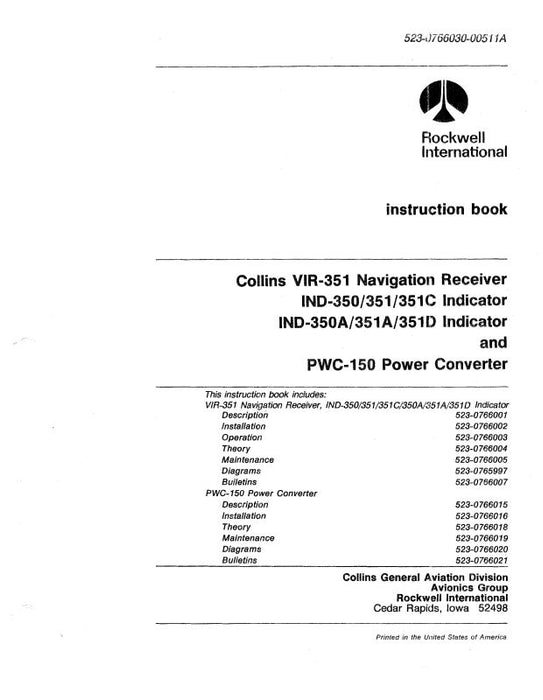 Collins VIR351,IND-350-351-351C Indicator Installation Manual (523-0766002-002)