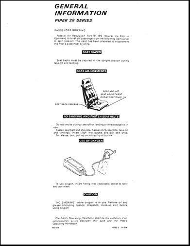 Piper PA-28SER PBC C Cherokee Arrow (1974-1976) Passenger Briefing Cards