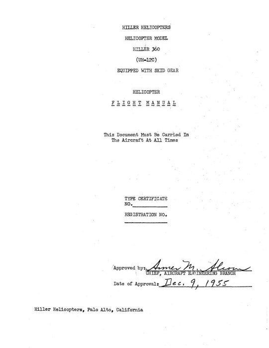 Hiller Helicopters UH-12C Helicopter 1955 Flight Manual, Equipped with Skid Gear (HIUH12C-F-C)
