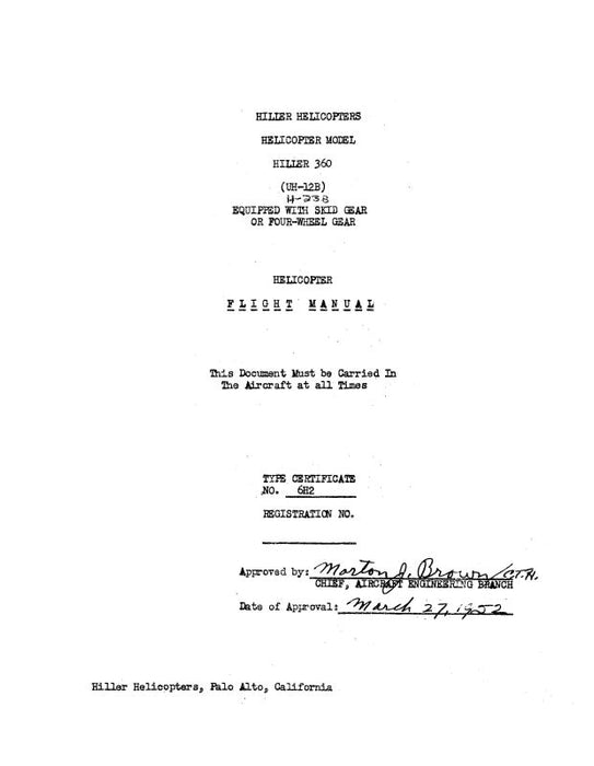 Hiller Helicopters UH-12B Helicopter 1952 Flight Manual, Equipped with skid gear or four wheel gear (HIUH12B-F-C)