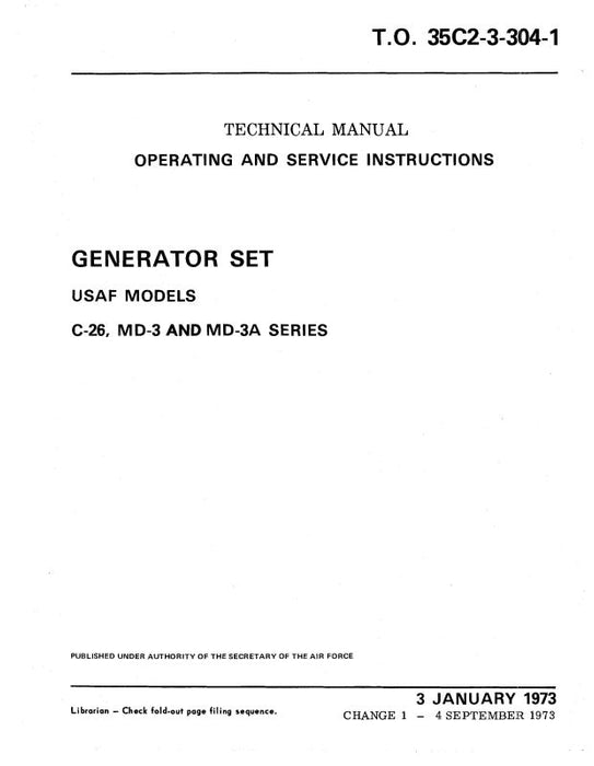 Beech C-26, MD-3, MD-3A Generator Set Generator Set USAF, Operating & Service Instructions (35C2-3-304-1)