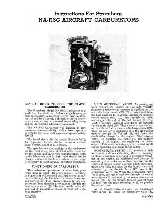 Bendix NA-R6G Stromberg Carburetors Instructions (BXNAR6G-IN-C)