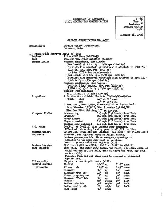 Curtiss-Wright C-46E  NO. A-786 Aircraft Specifications (A-786)