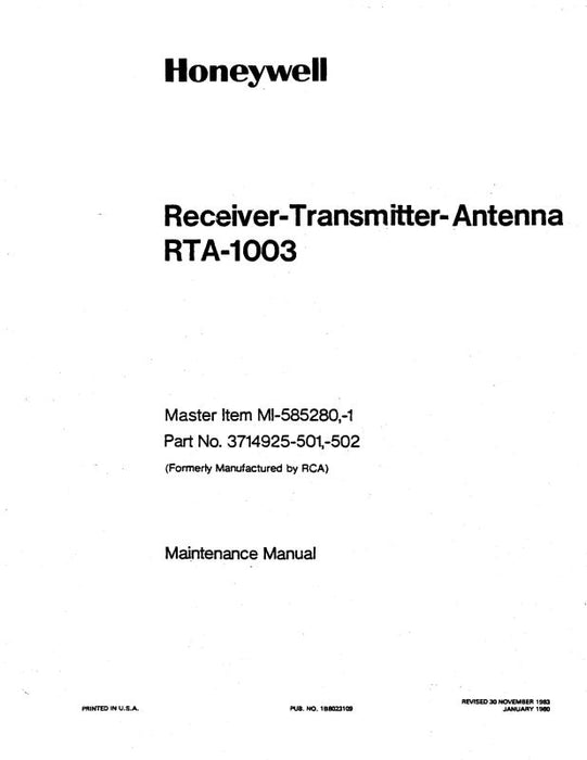 RCA - Primus - Honeywell - Sperry RTA-1003 1980 Maintenance Manual (1B8023109)