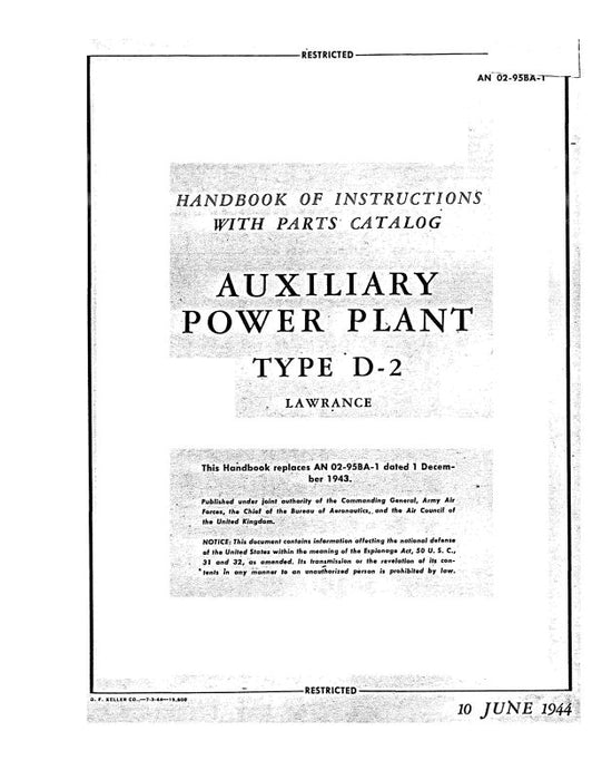 Lawrence D-2 Auxiliary Power Plant Instructions with Parts (02-95BA-1)