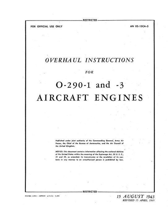 Lycoming O-290-1, & -3 Overhaul Manual (01-15CA-3)
