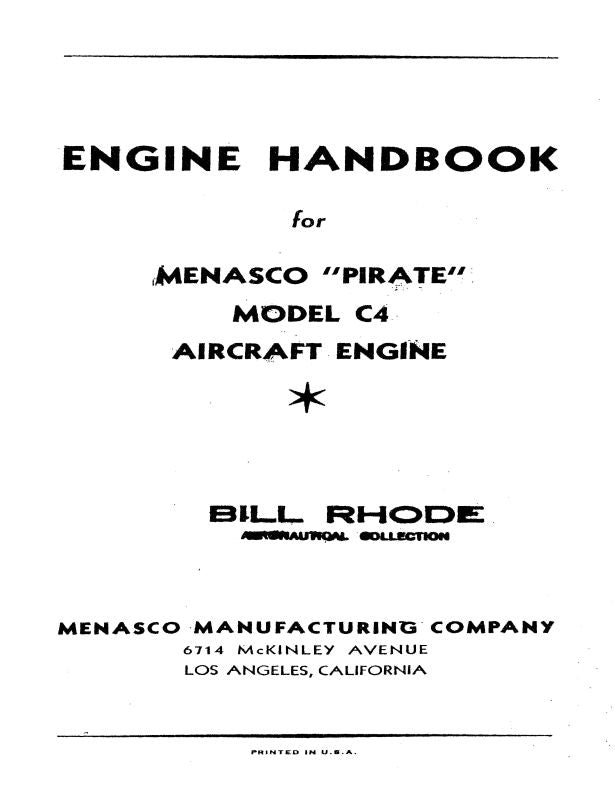 Menasco Manufacturing Company C4 Menasco Pirate Engine Engine Handbook