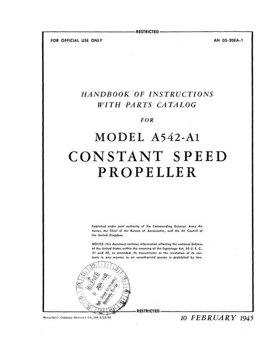 Aeroproducts Propeller Models A542-A1 Handbook Of Instructions With Parts (03-20EA-1)