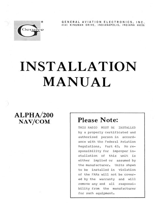 Genave Alpha 200 Nav-Com 1968 Installation Manual (GNALPHA200-68-I)