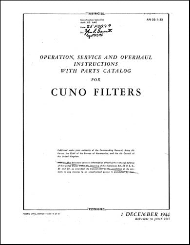 US Government Cuno Hydraulic Oil Filters Operation, Service, Overhaul With Parts (3/1/1932)