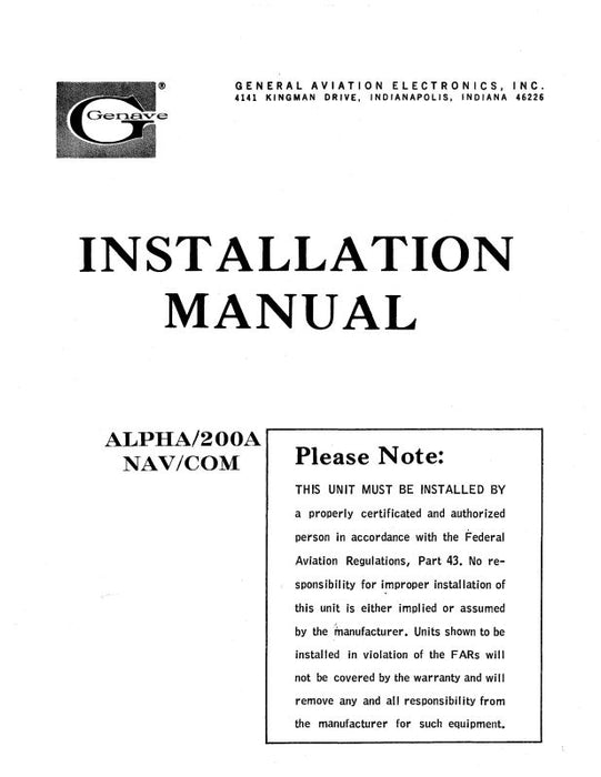 Genave Alpha 200A Nav-Com Installation Manual (GNALPHA200A-IN)