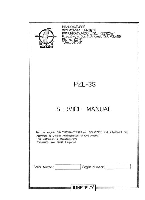 Polish Engine PZL-3S 1977 Aircraft Engines Maintenance Manual (PPPZL3S-77-M-C)