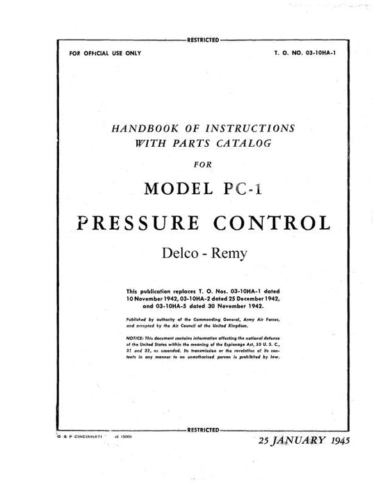 Delco Remy PC-1 Pressure Control 1945 Instructions With Parts Catalog (TO-#-03-10HA-1)