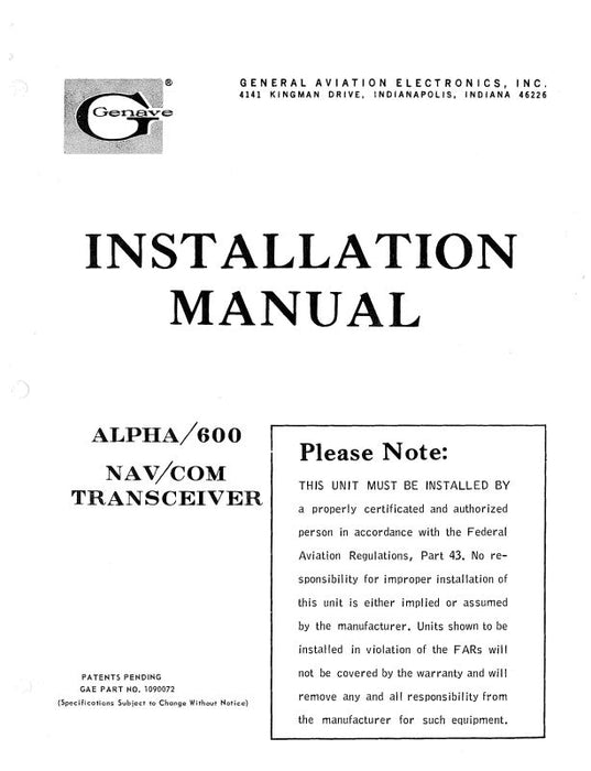 Genave Alpha 600 Nav-Com Transceiver Installation Manual (1090072)