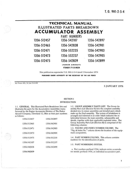 Parker Aircraft Accumulator Assembly 1976 Illustrated Parts (9H1-2-5-4)