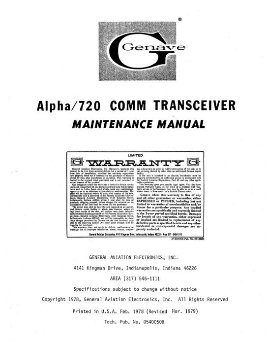 Genave Alpha 720 Comm Transceiver Maintenance Manual (GNALPHA720-78-M)