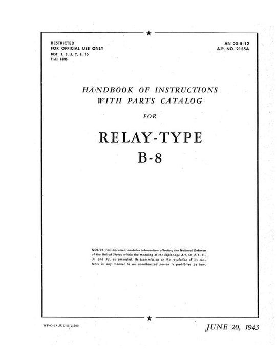 Jack & Heintz Relay-Type B-8 1943 Instructions With Parts Catalog (AN-03-5-12)