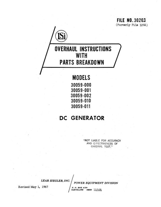Lear Seigler 30059-000 thru -011 DC Generator Overhaul Instructions With Parts Breakdown (30203)