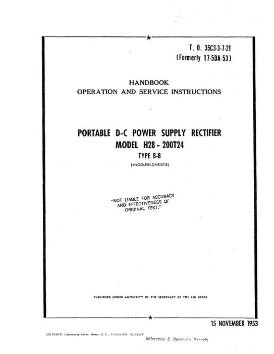 McColphin Christie H28-200T24 Type B-8 1953 Operation & Service Instructions (35C3-3-7-21)