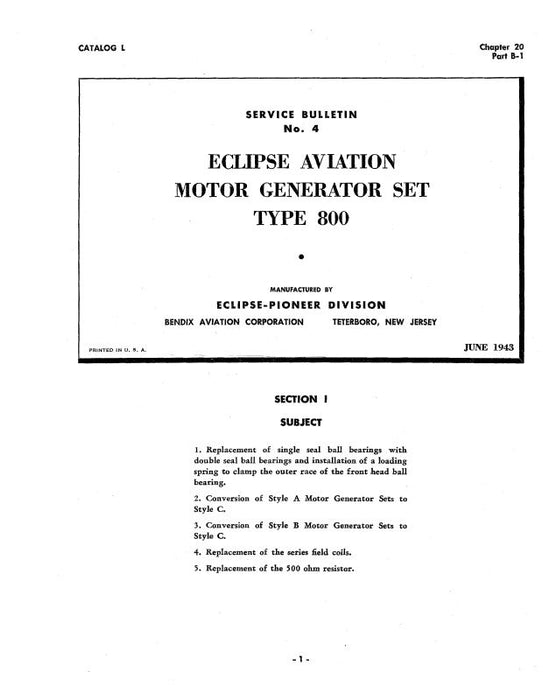 Bendix Type 800 Motor Generator Set Service Bulletin (NO.-4)