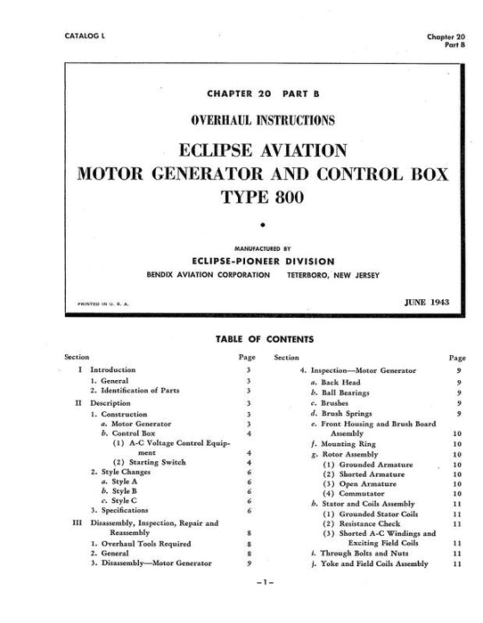 Bendix Type 800 Motor Generator Overhaul Instructions (BX800-43-OH-C)