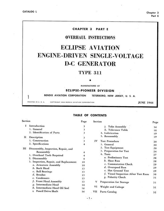 Bendix Type 311 D-C Generator 1944 Overhaul Instructions (BX311-44-OH-C)