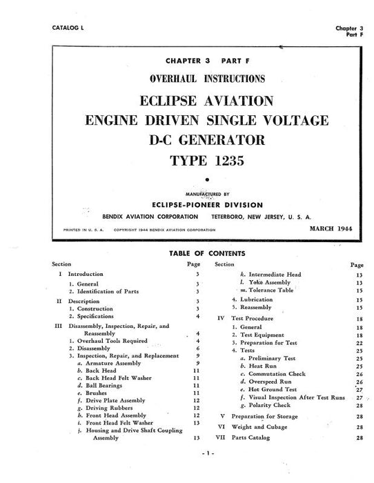 Bendix Type 1235 D-C Generator 1944 Overhaul Instructions (BX1235-44-OH-C)