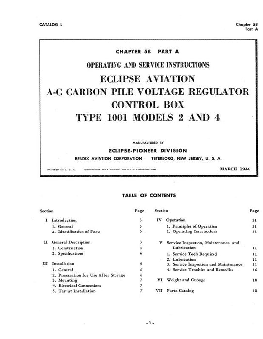 Bendix Type 1001, Models 2 & 4 1944 Operating & Service Instructions (BX11001ACCARBON)