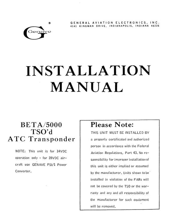 Genave Beta 5000 TSO'd ATCTransponder Installation Manual (GNBETA5000-IN-C)
