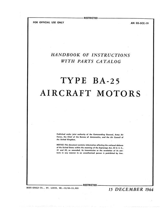 General Electric Company BA-25 Aircraft Motors Instructions With Parts Catalog (03--5CC-19)