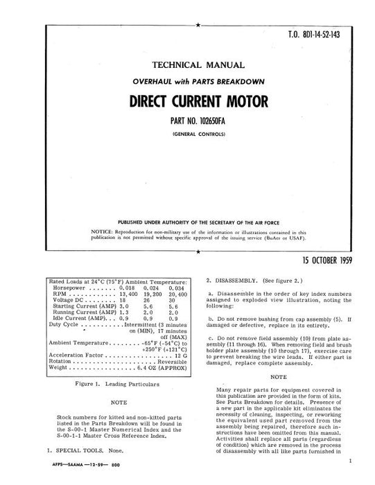 General Controls Direct Current Motor 1959 Overhaul With Parts Breakdown (8D1-14-52-143)