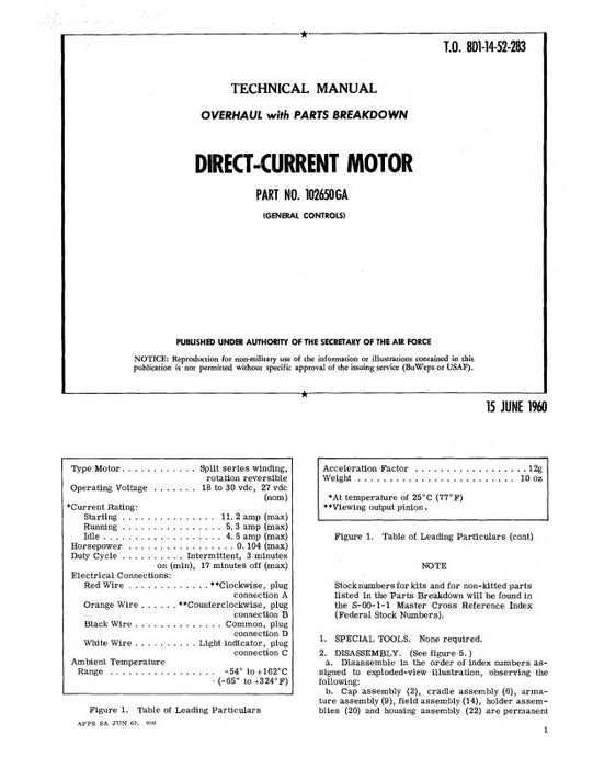 General Controls Direct Current Motor 1960 Overhaul With Parts Breakdown (8D1-14-52-183)