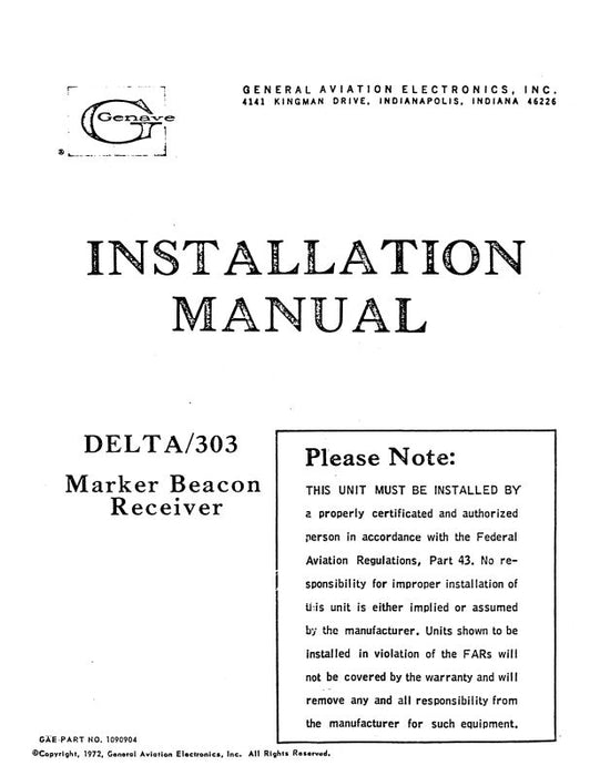 Genave Delta 303 Marker Beacon Receive Installation Manual (1090904)