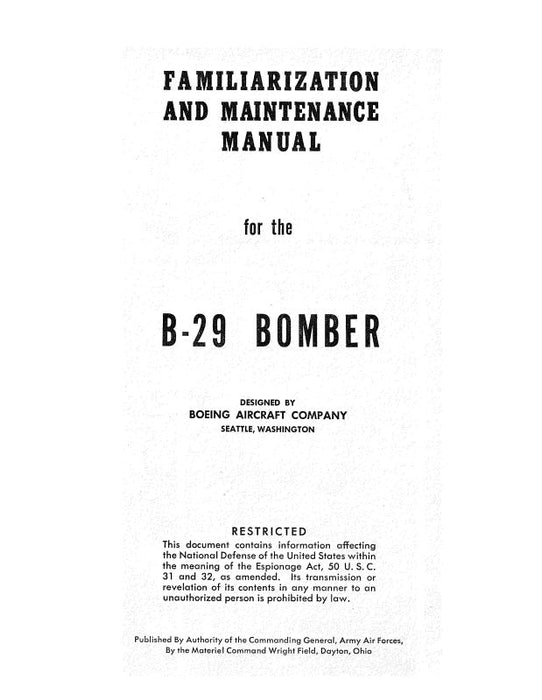 Boeing B-29 Bomber 1944 Familiarization and Maintenance Manual (BOB29--M-C)
