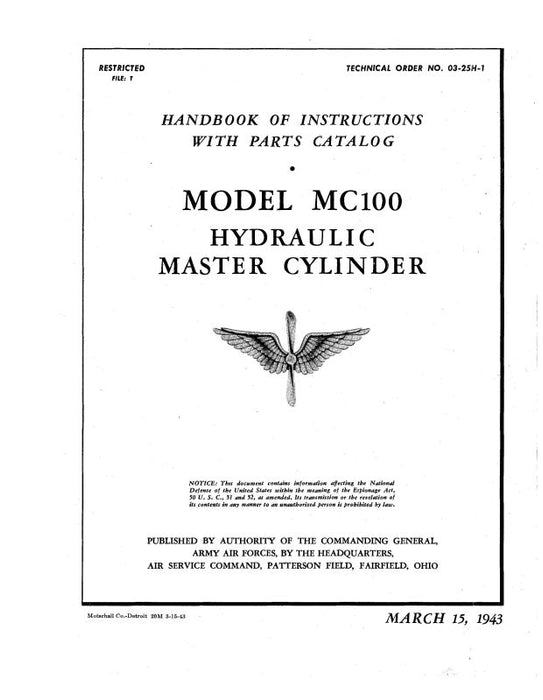 Firestone Hydraulic Master Cylinder 1943 Handbook Of Instructions With Parts Catalog (03-25H-1)