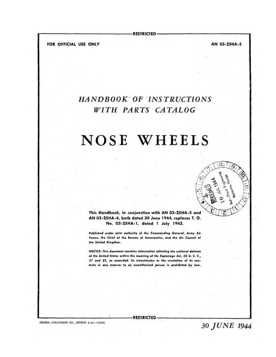 Firestone Nose Wheels 1944 Handbook Of Instructions With Parts Catalog (03-25HA-5)