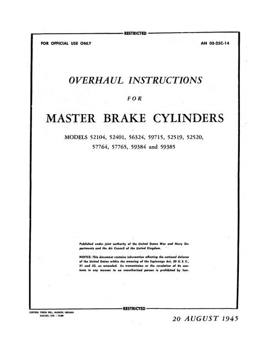 Bendix Master Brake Cylinders 1945 Overhaul Instructions (03-25C-14)