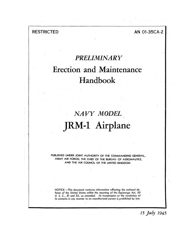 Martin JRM-1 Navy Model 1945 Erection & Maintenance (01-35CA-2) — Essco ...