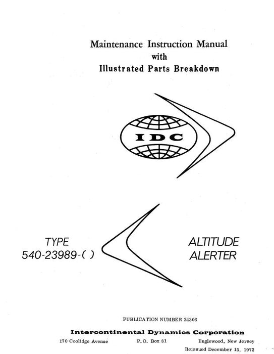 Intercontinental Dynamics Corp Altitude Alerter 1972 Maintenance Manual With Illustrated Parts (24306)