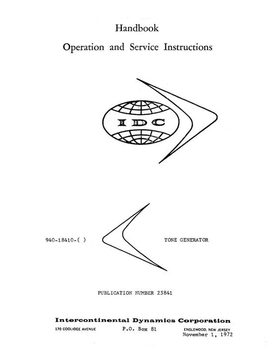 Intercontinental Dynamics Corp Tone Generator 1972 Operation and Service Instructions (25841)