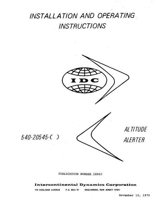 Intercontinental Dynamics Corp Altitude Alerter 1970 Installation & Operating Instructions (18962)