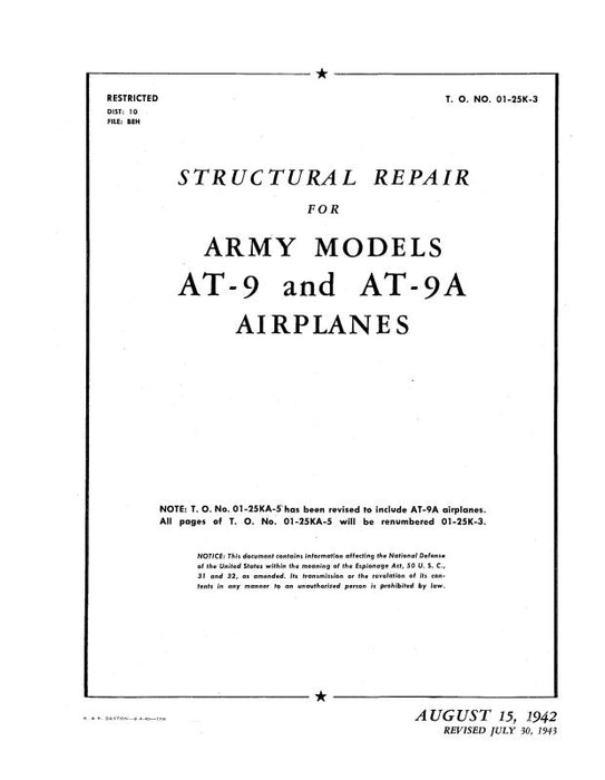 Curtiss-Wright AT-9 & AT-9A 1942 Structural Repair (01-25K-3)