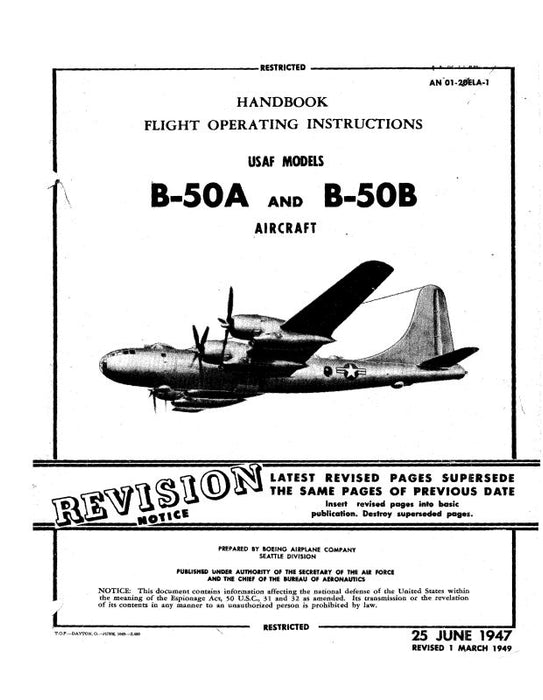 Boeing B-50A, B-50B 1947 Flight Operating Instructions (01-20ELA-1)