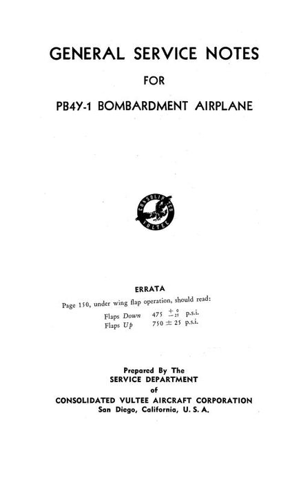 Consolidated PB4Y-1 Bombardment Airplane General Service Notes (CSPB4Y1-44-GM-C)